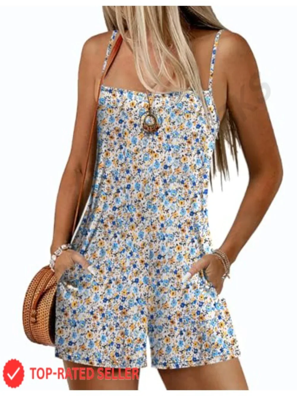 Floral Romper with Pockets Adjustable Straps Casual Summer Vacation Outfit